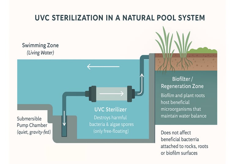 Diagram explaining UV sterilization process in a natural pool filtration system | Aqua Vitae
