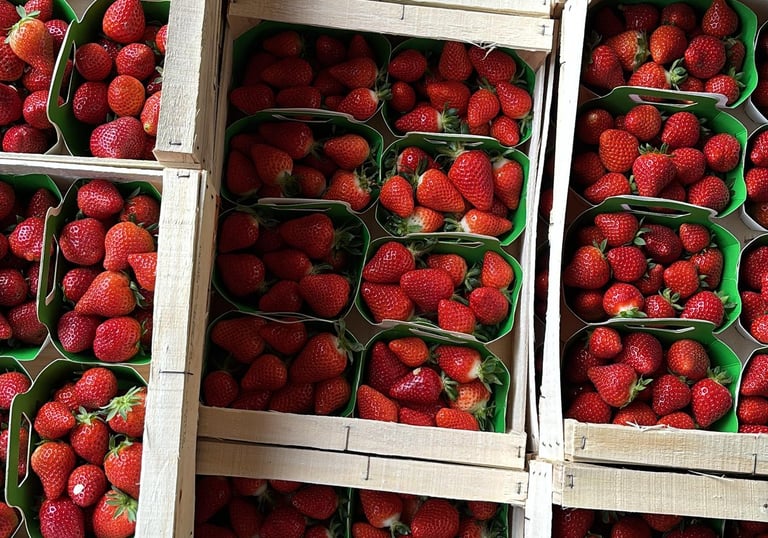 Plusieurs cagettes et colis de barquettes de fraises bio et locales