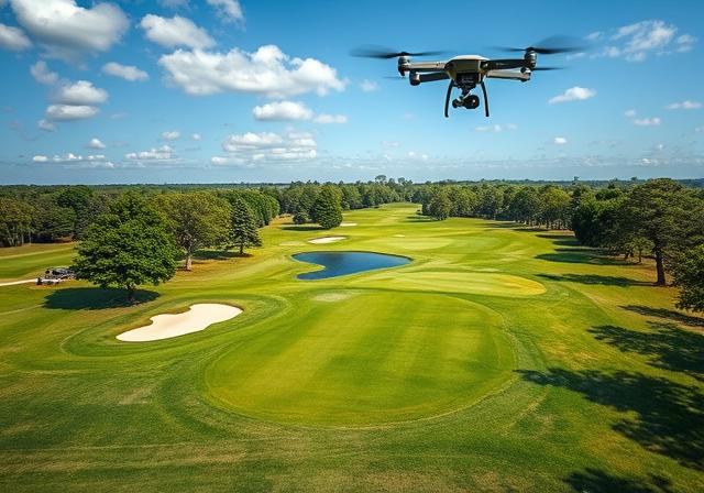 a drone flying over a golf course