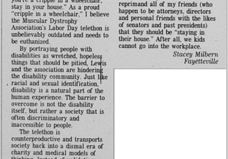 Photocopy of a letter to the editor written by Stacey which is titled "Association's telethon is counterproductive"