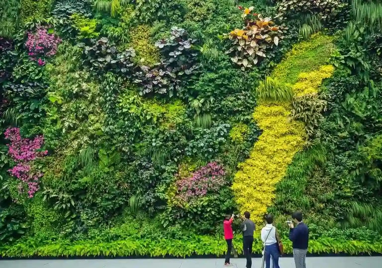 A lush, vibrant vertical garden on a modern building wall 16 * 9