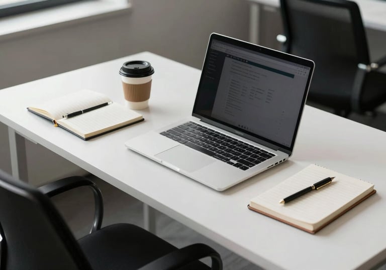 A minimalist, organized workspace in a modern US office. A clean white desk with a high-end laptop, coffee, and a notebook, suggesting results-oriented productivity.