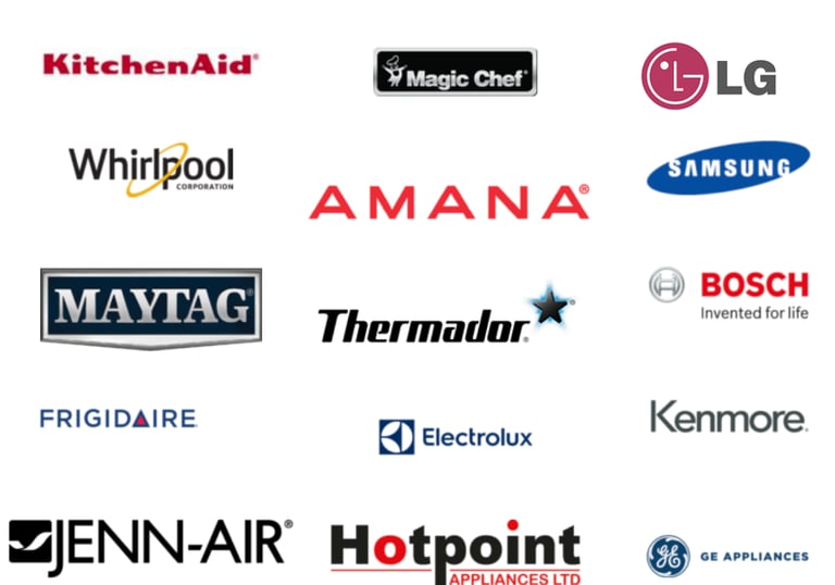 Logos of various appliance brands including kitchenaid, lg, samsung, whirlpool, and others on a white background.