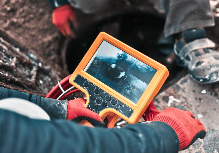 A photo of a home inspector using a sewer scope camera to inspect a properties sewer lines.