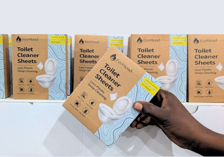 picking a box of ecomend toilet cleaner sheets from a shop
