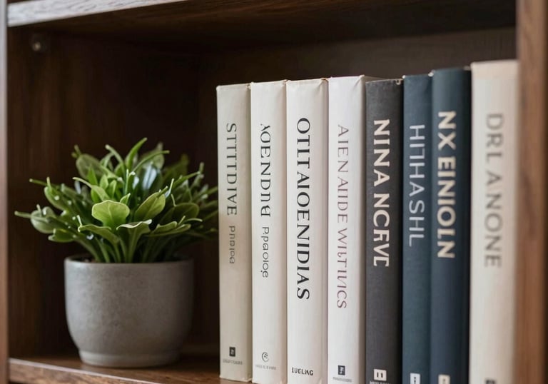 An organized shelf with professional books and a small green plant in a grey ceramic pot, illustrating order and attention to detail.