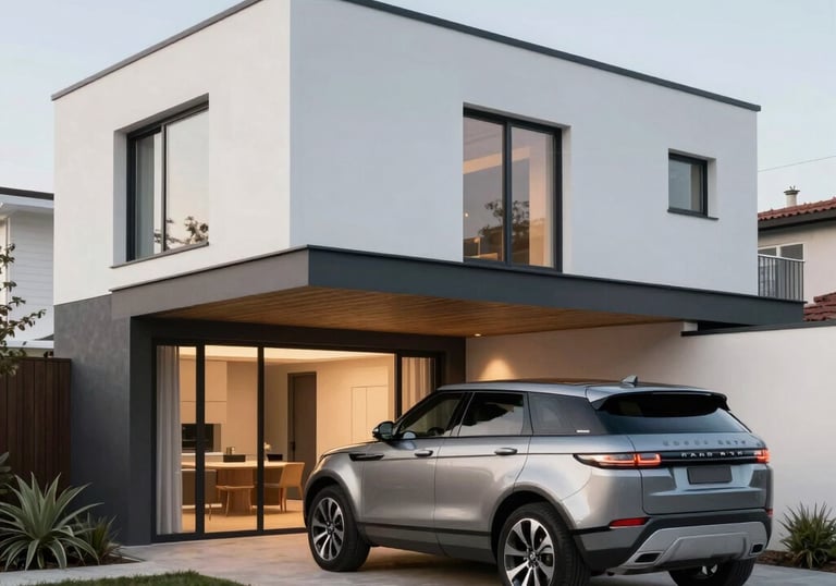 Modern home interior design with warm lighting and natural materials.