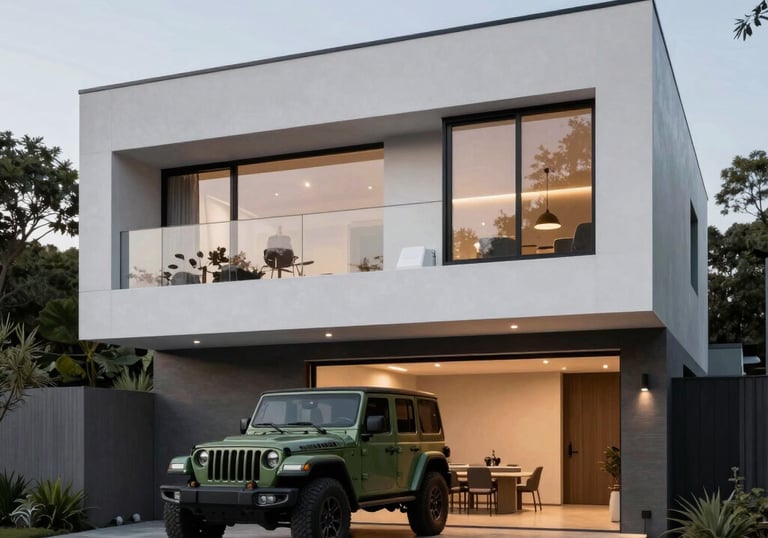 Modern home interior design with warm lighting and cozy furniture.