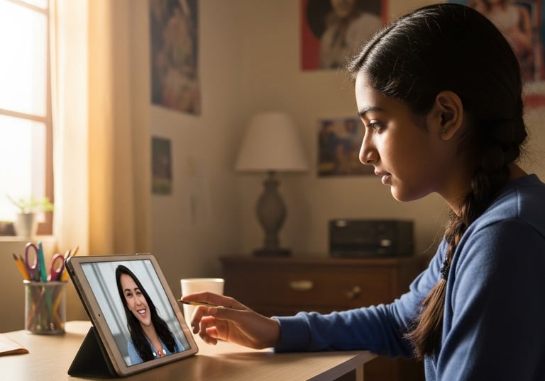 a teen sitting at a desk with a laptop computer doing online therapy