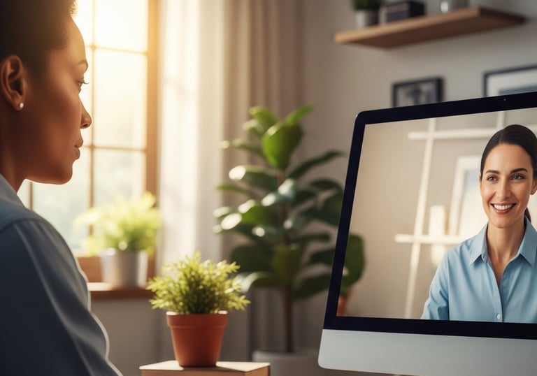 a woman in a blue shirt is on a computer screen doing online therapy