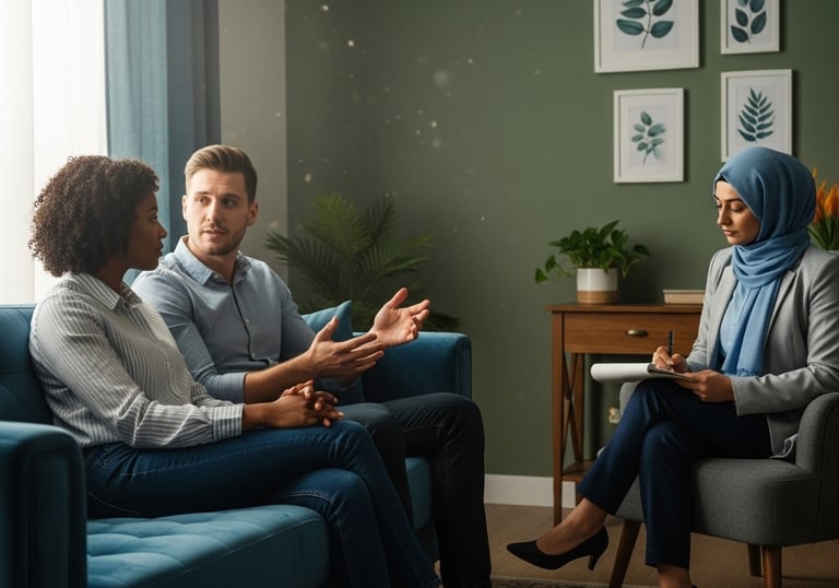 a man and woman sitting on a couch in a therapists office with a therapist taking notes
