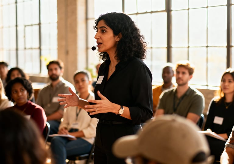 a woman in a black dress standing in front of a crowd of community doing a workshop on mental health