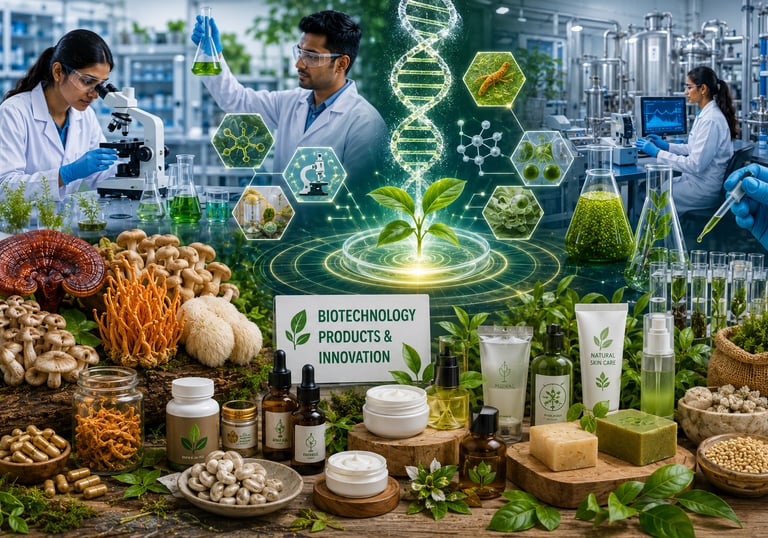 Scientists in a laboratory developing biotechnology products and natural skincare innovations using plant science.
