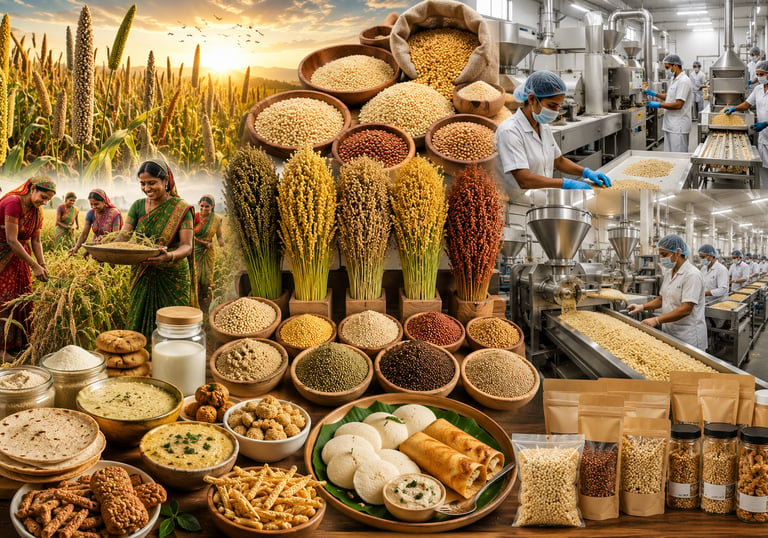A collage showing millet farming, processing in a factory, raw grains, and healthy millet-based food products.