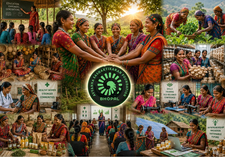 Indian women in Bhopal participating in community empowerment programs including education, farming, and textile work.