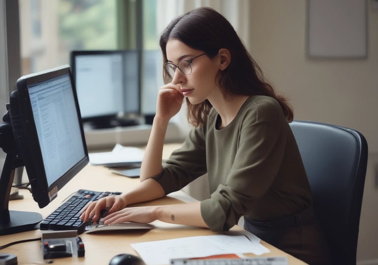a woman sitting at a desk with a computer monitor and a keyboard