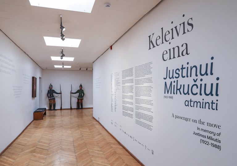 Įejimas į parodą. Matosi eksponuojamos kareivių skulptūros, pilkos spalvos lipdukai su Mikučio frazėmis ant vienos sienos ir