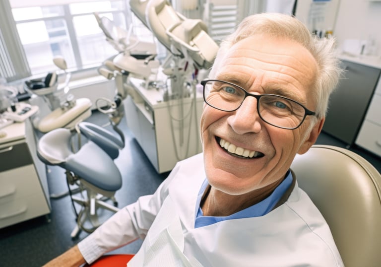 Hombre mayor sentado en sillón dental