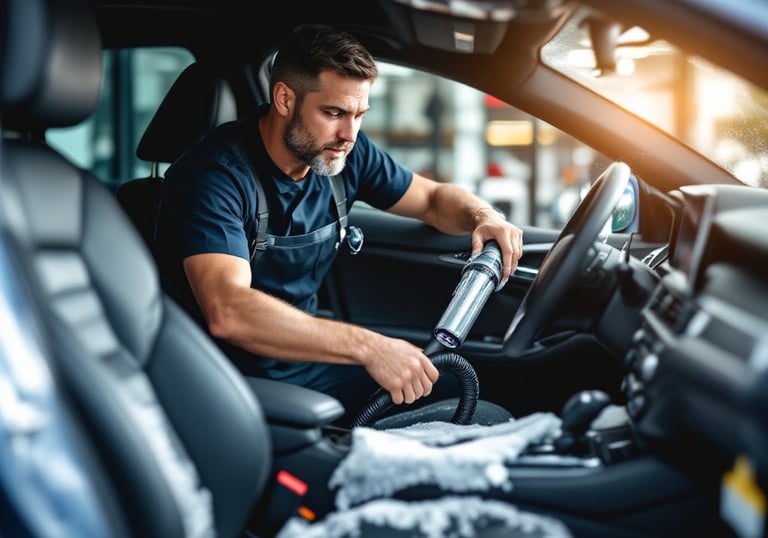 technicians cleaning the inside of a car 