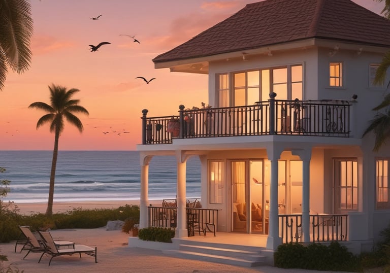 A coastal residential area with modern architecture overlooking the ocean. The scene includes a luxury building labeled 'AURUM', surrounded by well-maintained natural greenery. A road curves along the hillside with several parked cars and more houses extending into the distance. The sky is partly cloudy, blending with the blue of the ocean.