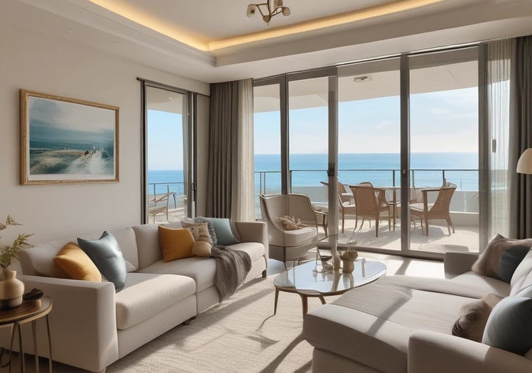 A row of modern beachfront houses with large glass windows and balconies, featuring a mix of stone and wood exteriors. Palm trees are positioned along the sidewalk adjacent to the sandy beach, creating a laid-back coastal vibe. The clear blue sky suggests a sunny day.