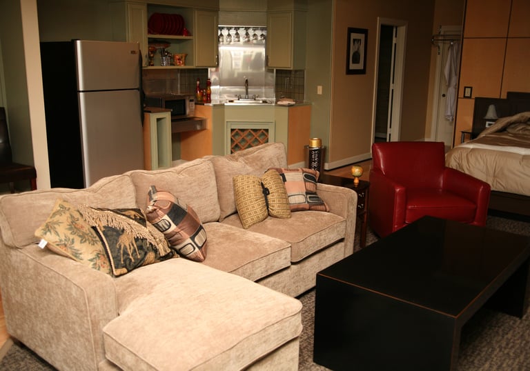 Couch and fridge in a suite