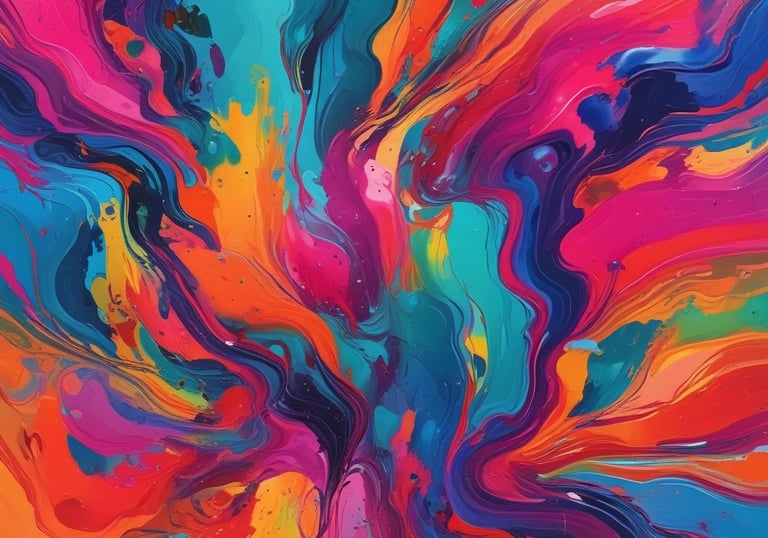 Vibrant abstract art featuring swirling patterns and splatters of paint. Bright pink, purple, and blue backgrounds are intersected by bold yellow lines and various circular or amorphous forms. The composition is lively and dynamic, with a playful arrangement of colors and shapes.