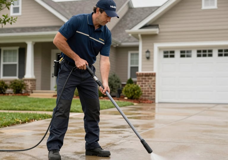 An orange maintenance truck is parked with a wood chipper working on debris. Traffic cones surround the setup on a paved street. Tall trees and a brick wall in the background add to the suburban setting.