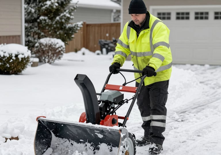 A yellow crane vehicle is positioned next to a building, extending its arm to a worker in a basket who is clearing snow from the roof. The building appears old, with worn walls, and there are leafless trees in the background. The ground and rooftops are covered with snow, indicating a winter setting.