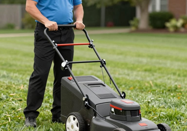 A red snow groomer with a large plow blade attached at the front is parked on a grassy area near a building complex. Several trees are present in the background, casting shadows on the ground. The building in the background appears to be multi-storied with multiple windows.
