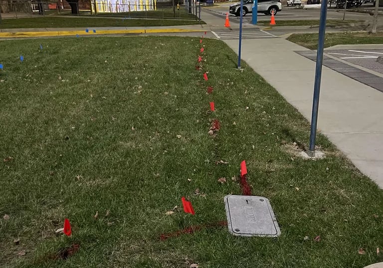 Utility flags and paint marking the location of an underground utility to an inground utility box.