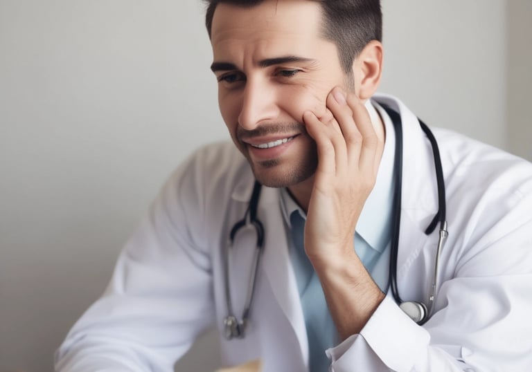 Two dental professionals are working on a patient seated in a dental chair within a modern dental office. The room has white walls, a large window, and a ceiling light fixture with circular designs. Dental equipment and tools are visible around the chair, and a potted plant adds greenery to the space.