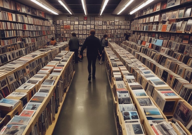A large record store filled with rows of vinyl records and CDs. Shelves display various album covers in diverse genres, and the walls are covered with posters. Several people browse through the collection.