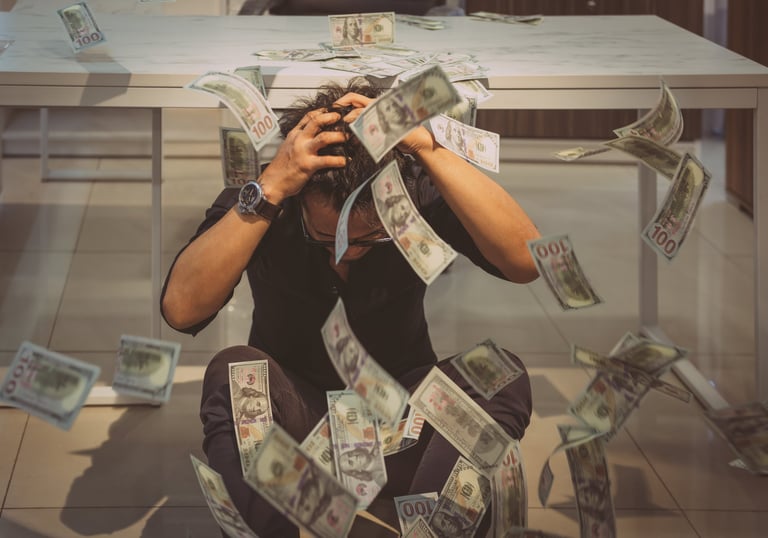 a woman sitting on a table with money bills