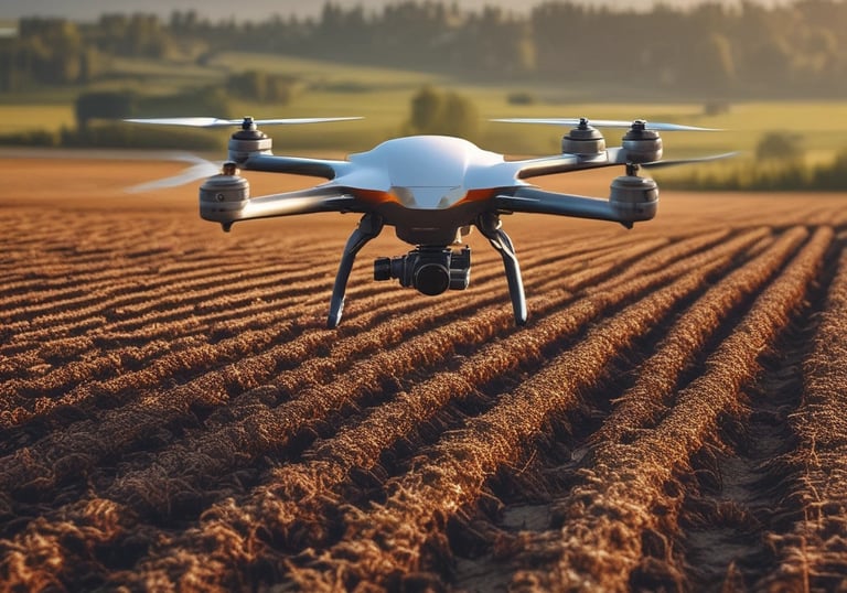 A tractor is spreading fertilizer or lime on a vast, freshly plowed agricultural field. The fields stretch towards the horizon, bordered by trees and distant farm buildings under a clear blue sky. White dust billows behind the tractor, contrasting with the soil's earthy tones.