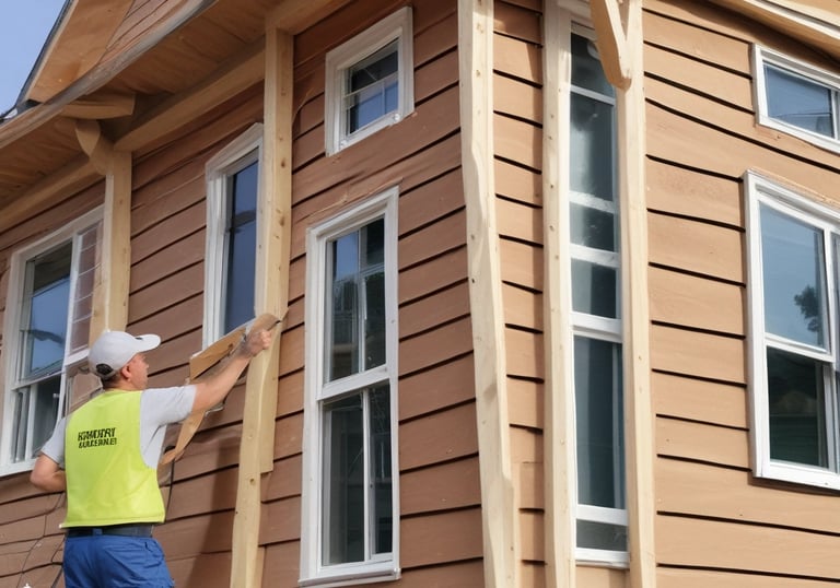 A person wearing protective gear is applying a white substance on a flat surface, possibly for insulation or coating. The individual is on a rooftop with a clear blue sky overhead. There are power lines in the background and a structure resembling a chimney.
