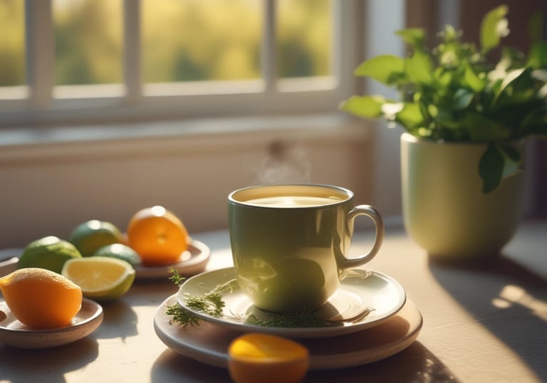 A cup filled with amber-colored tea sits on a light marbled surface. Next to it, there is a green and black box labeled Elixir Slim Amazonite High Quality CBD. A blurred green plant is in the foreground, and a small clear bag with a logo is nearby.