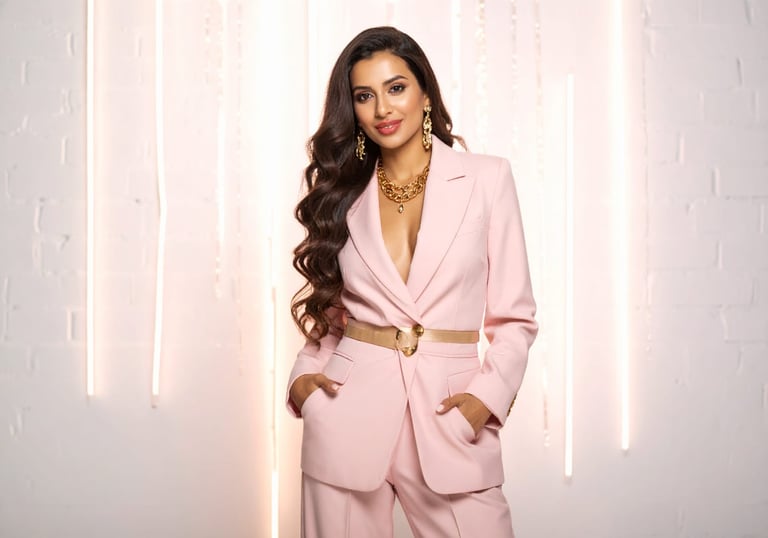 a woman in a pink suit and gold jewelry