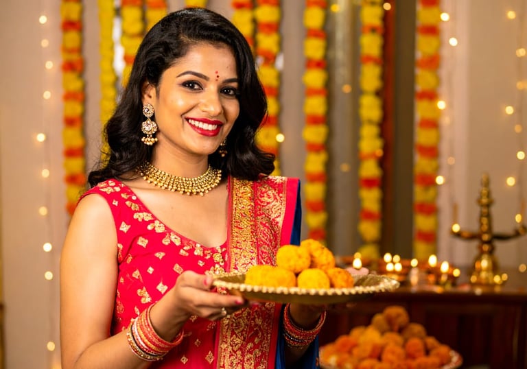 a woman in a red sari outfit holding a tray with a plate of food