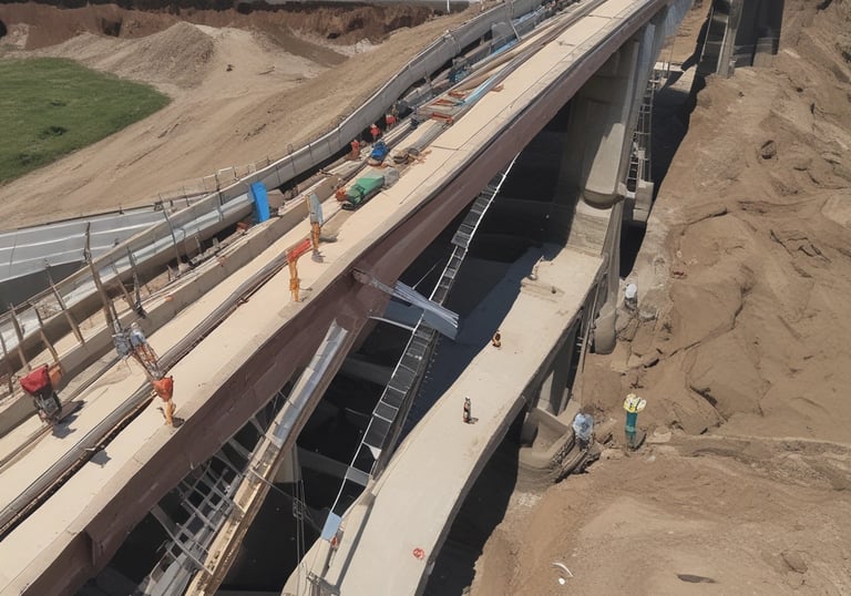 A construction site in progress with exposed steel beams, scaffolding, and a partially built brick wall. A wheelbarrow and various construction materials are scattered on the unfinished concrete floor. Wooden planks and a ladder are seen, with greenery visible in the background through an opening.