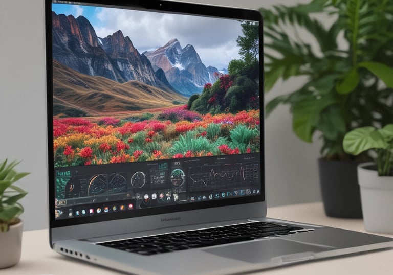 A laptop displaying a webpage with text and profiles alongside a green potted plant, creating a home-office vibe. The screen shows discussions on technical topics. A smartphone is partially visible near the laptop.