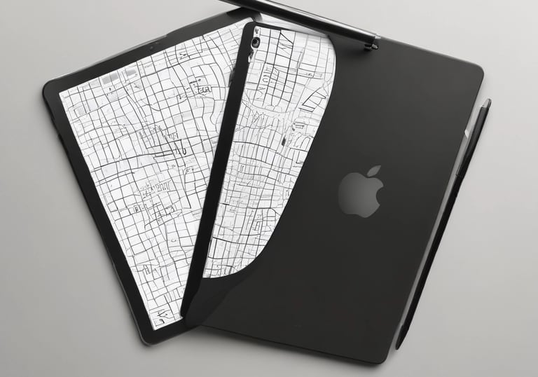 A close-up view of technology devices including a black tablet with a prominent logo, a white smartphone, a camera lens, and a stylus on a white surface.