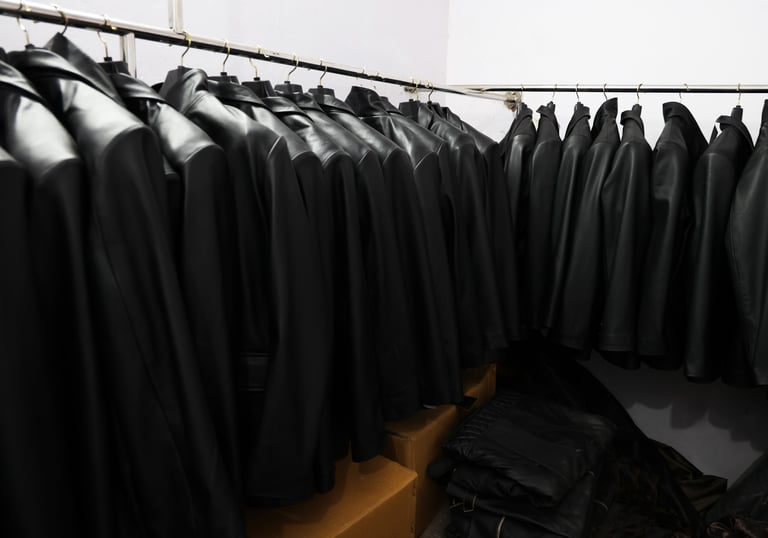 a row of black leather jackets with black leather jackets