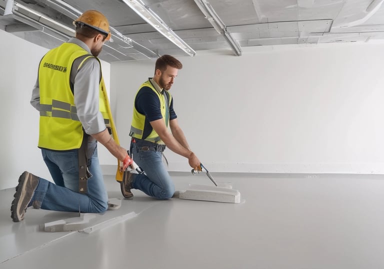 A residential complex with white buildings featuring blue accents, including window frames and railings. Solar water heaters are visible on the rooftops. The sky is overcast with grey clouds, and there is a palm tree partially visible on the right.