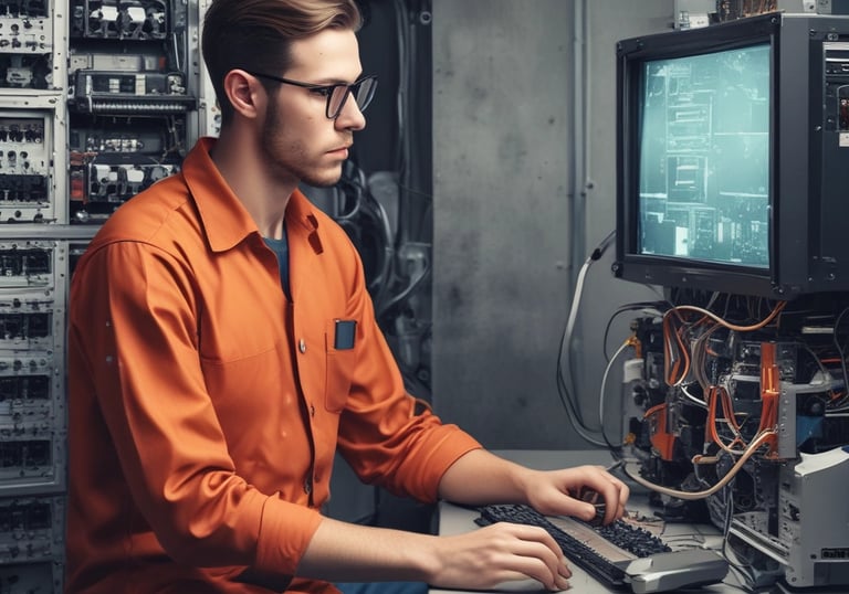 a man in a orange shirt is sitting at a computer