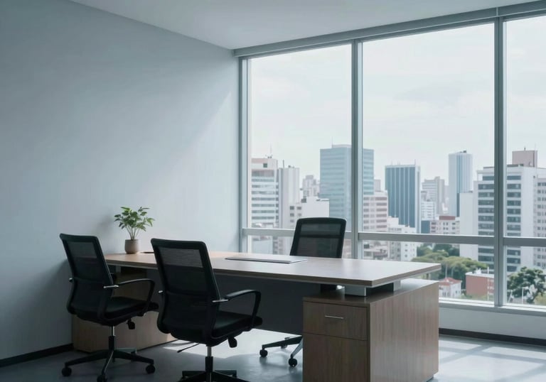 A minimalist South American / Brazilian office interior with clean lines, soft Alice Blue lighting, and a view of a city skyline through large windows.