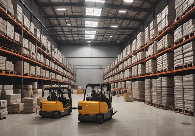 Warehouse filled with stacked bags of imported and local cement.