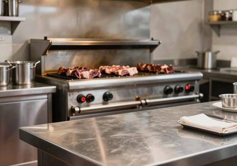 Professional photography of a modern Brazilian churrascaria kitchen. Stainless steel surfaces, wood-fired grill in the background, organized and clean Scandinavian-inspired layout.