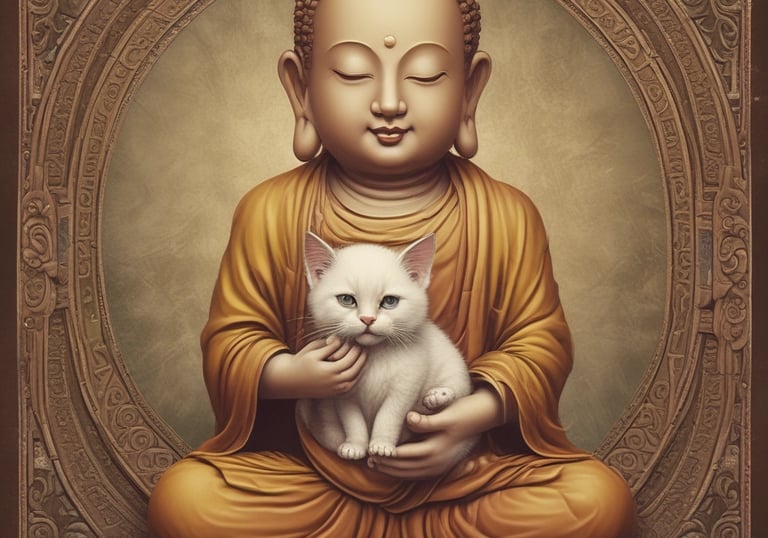 Gentle cats lounging peacefully in a sunlit sanctuary surrounded by greenery.