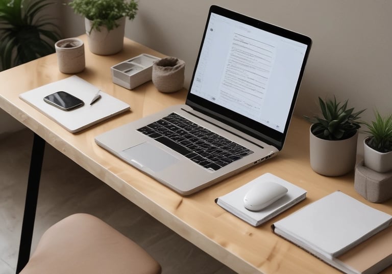 A cozy writing nook with colorful notebooks, a laptop, and a steaming cup of tea.